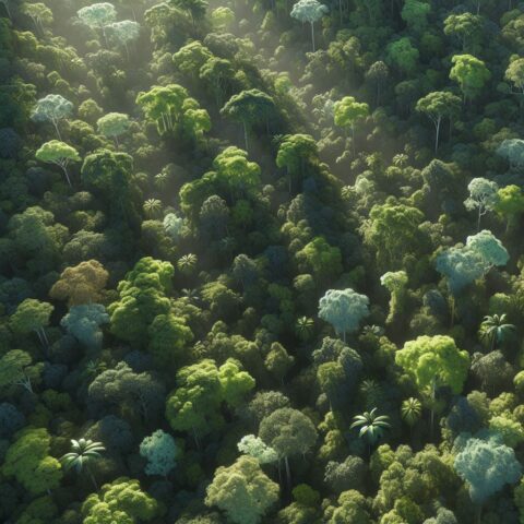 Grön skog i behagligt ljus sett uppifrån.