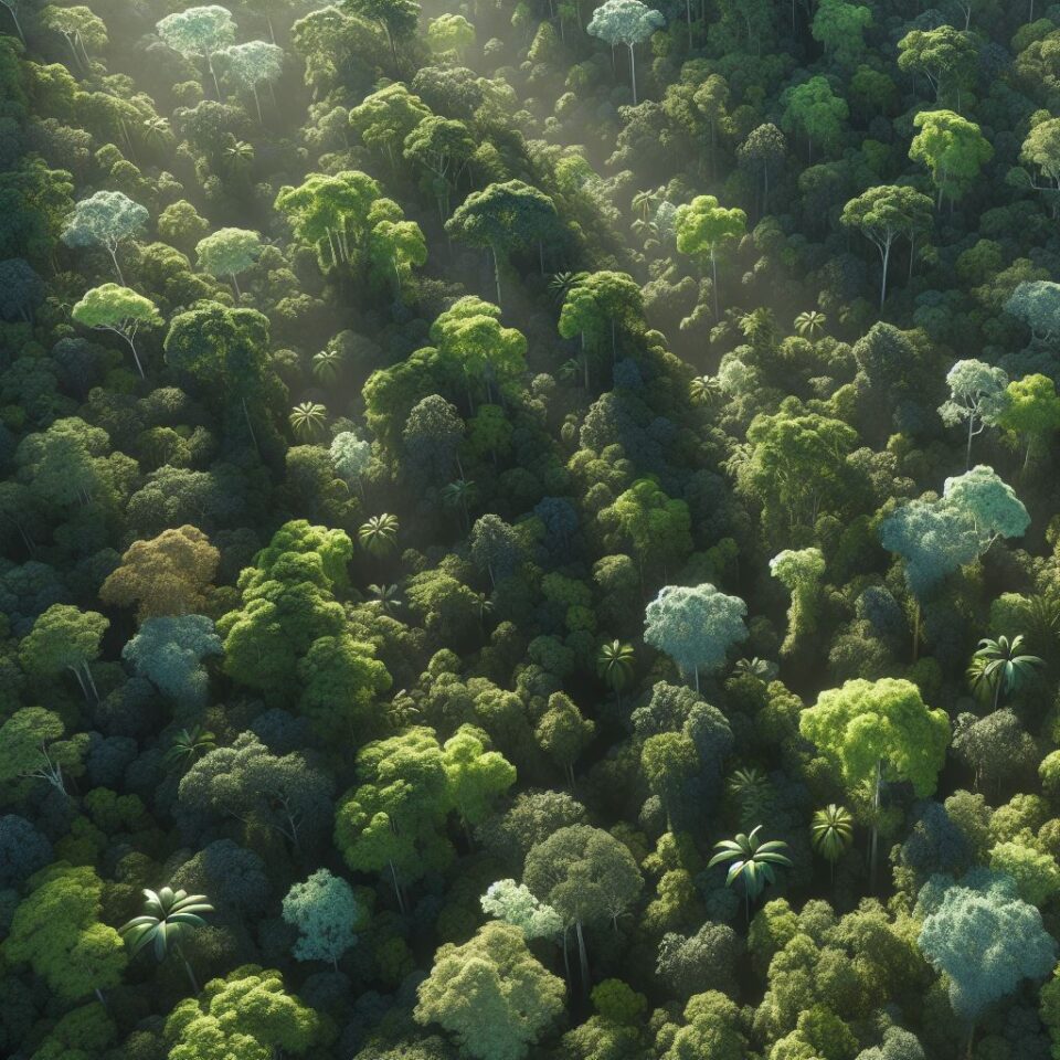 Grön skog i behagligt ljus sett uppifrån.