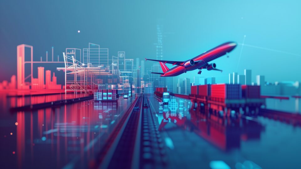 3D-animerade objekt och symboler som på ett futuristiskt sätt symboliserar fraktbranschen.