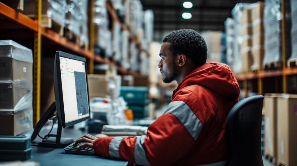 Lagerarbetare arbetar med TKL Dispatch för frakt- och logistikhantering på datorn.