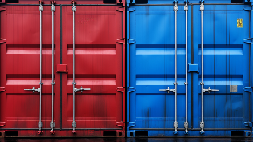En röd och en blå container bredvid varandra.