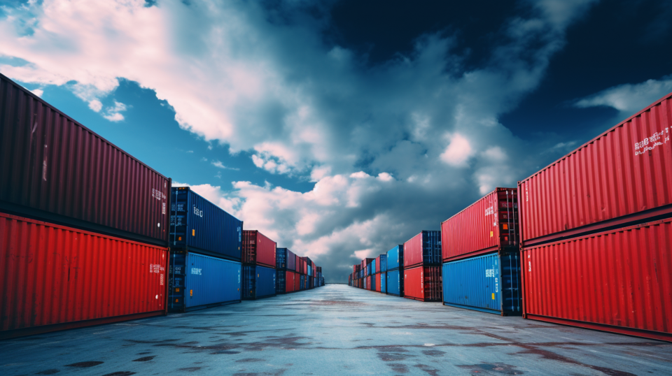 Containrar som står lastade i en lasthamn i stormigt väder.