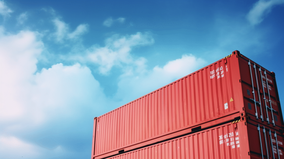 Två röda containrar staplade på varandra i dagsljuset, bild sett snett underifrån.