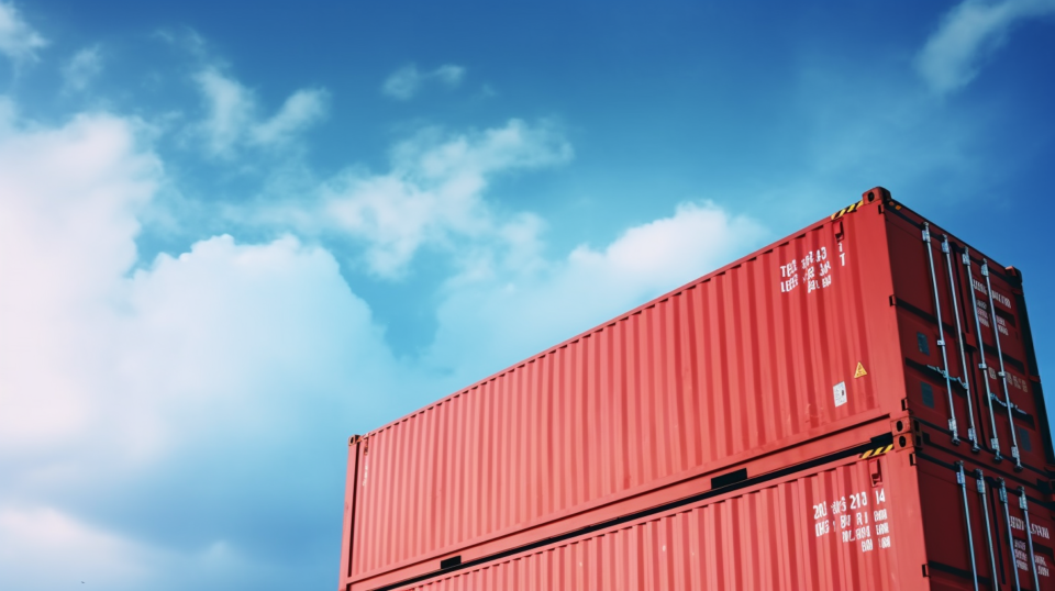 Två röda containrar som står lastade på varandra sett snett nedifrån.