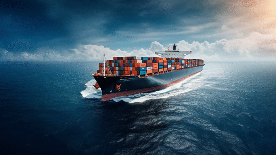 Fraktfartyg lastat med containrar som åker på ett hav i kvällssolen.