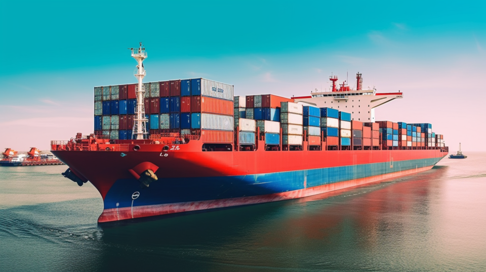 Fraktfartyg lastat med containrar som åker på lugnt vatten mot en hamn.