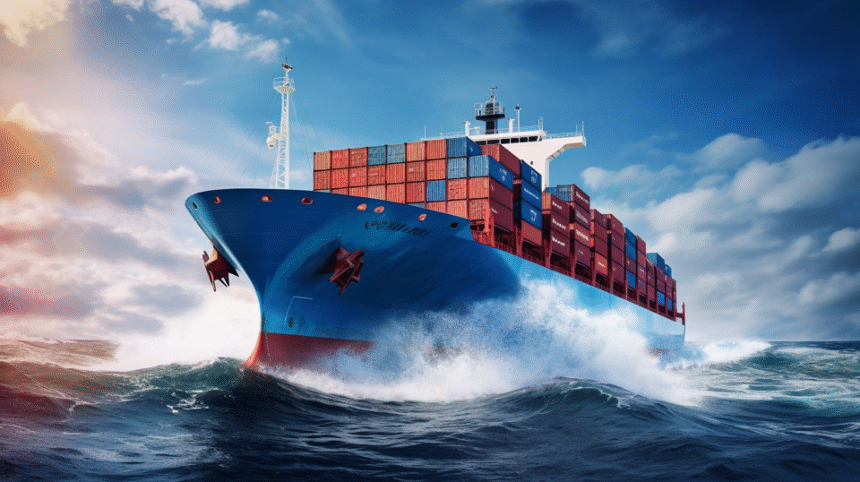 Fraktfartyg lastat med containrar som åker på ett stormigt hav.