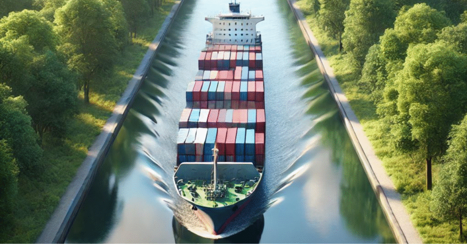 Fraktfartyg som åker i en kanal.