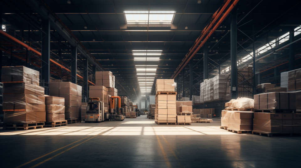 Ett tomt lager med paket som står redo att skickas ut.