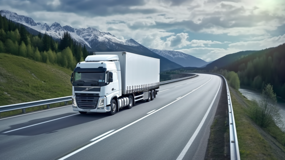 En lastbil som åker på en bilväg med fjällandskap i bakgrunden.