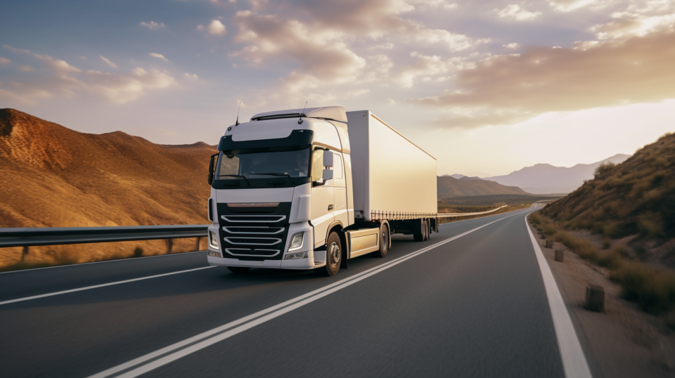 En lastbil som åker på en landsväg i kvällssolen i ett ökenlandskap.