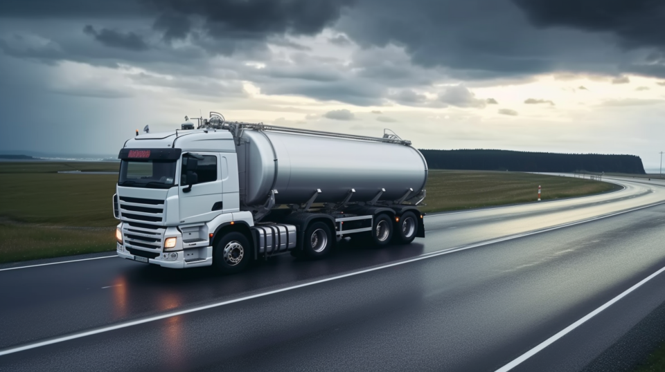 En tankbil som åker på en regnblöt bilväg.