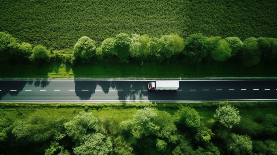 Lastbil sett ovanifrån som åker på en väg med gröna träd och gröna ängar runt omkring.