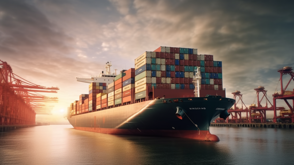 Ett fraktfartyg lastat med containrar på väg ut i solnedgången.