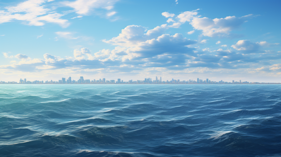 Silhuetten av en stad sett på långt avstånd från havet.