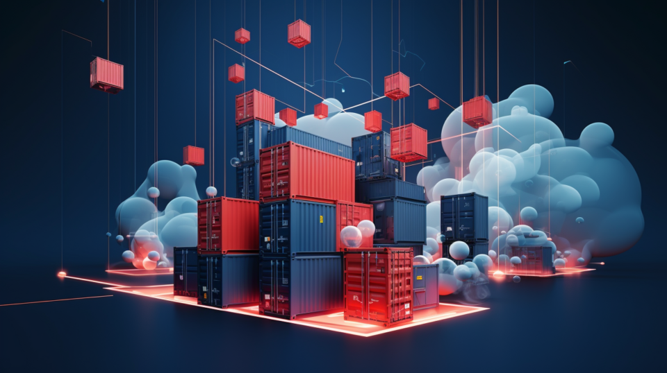 3D-animerade objekt som visualiserar containrar och andra symboler för logistikbranschen.