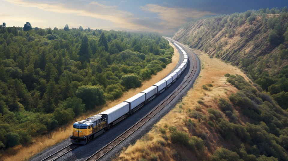 Bild på ett frakttåg som åker genom ett skogigt landskap.