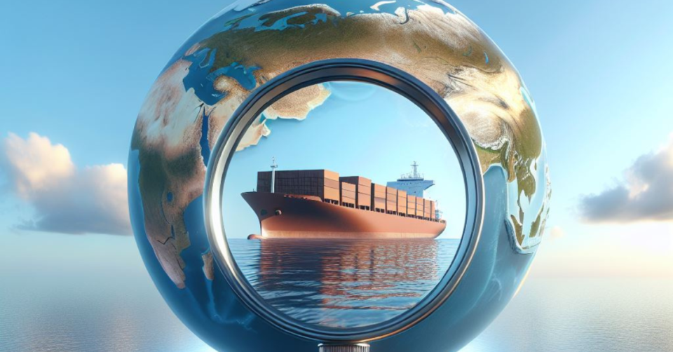 En animerad jordglob med ett hål i mitten där ett lastat fraktfartyg syns igenom hålet.