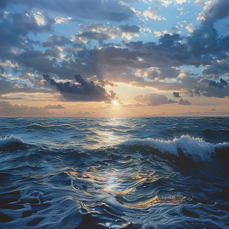 Bild på en solnedgång i ett vågigt hav.