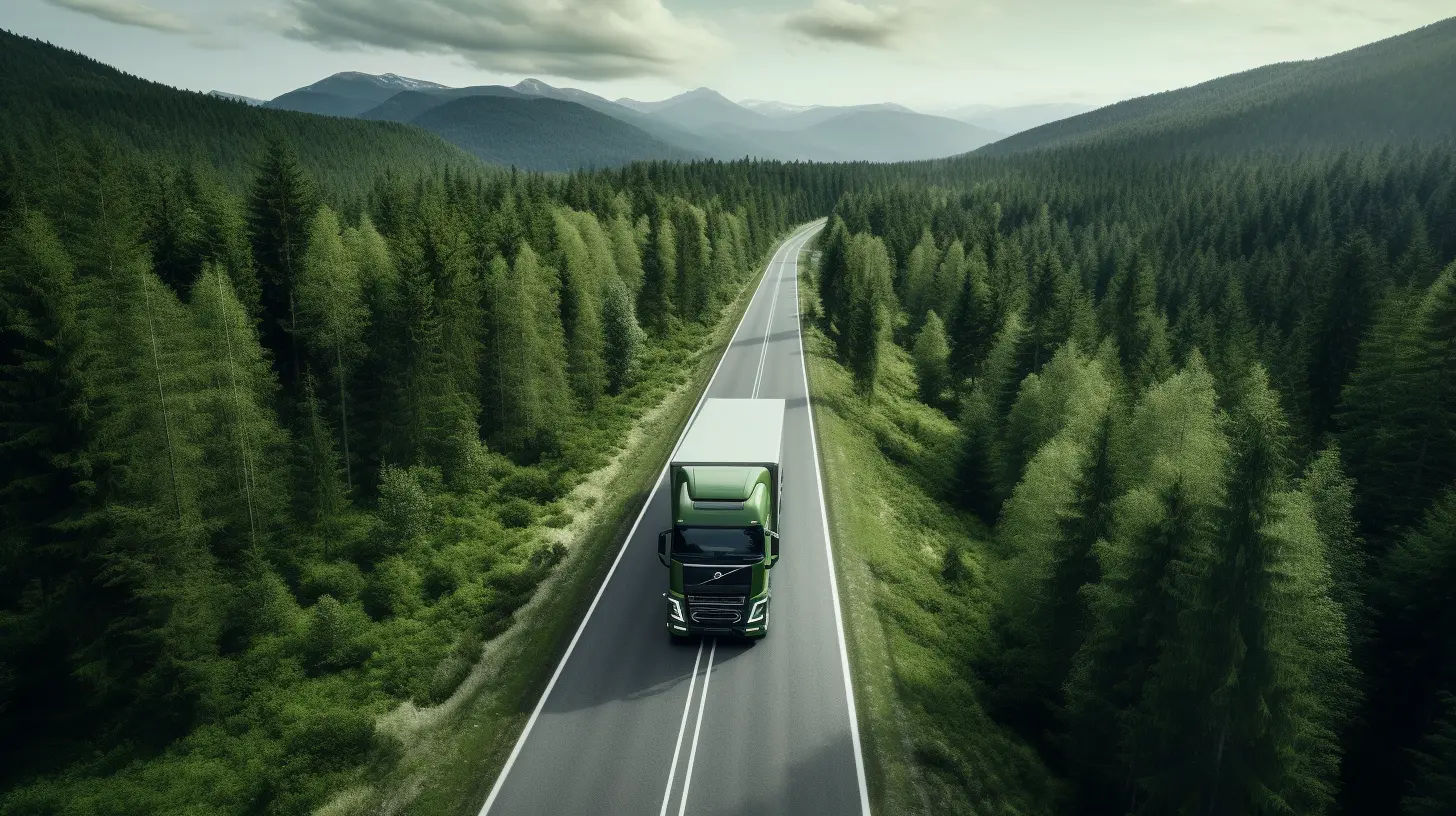 Lastbil sett ovanifrån som åker på en bilväg omgiven av barrskog.